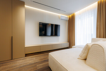 A Modern Minimalist Bedroom featuring a TV, along with Elegant and Tasteful Decor Elements