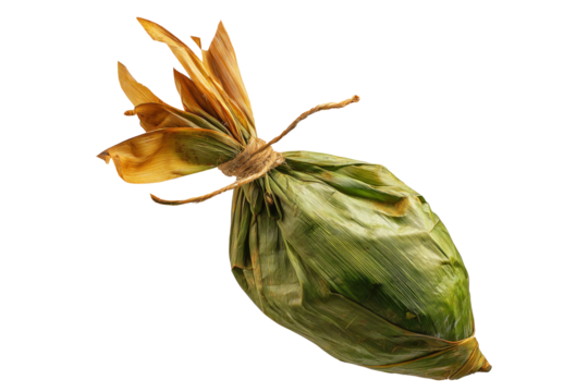 Venezuelan tamales wrapped in corn husk, tied with rustic rope, isolated on white transparent background, representing traditional South American cuisine