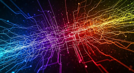 Abstract digital network of colorful lines and connections.