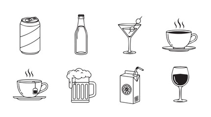 Hand drawn collection of popular beverage icons and drinks in sketchy style vector
