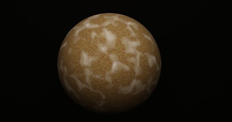 Render 3D de um planeta/esfera em tom amarelo-terroso com textura pontilhada e manchas claras difusas, iluminado suavemente sobre fundo preto. © Mirella