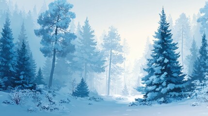 Fototapeta premium Serene winter forest landscape with snow covered trees and a misty atmosphere.