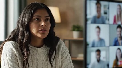 Young woman focused on virtual meeting from home actively participating in an online conference call with diverse team members remote work concept - Powered by Adobe