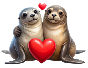 Cartoon Sea Lion Couple with Heart Symbol, Cute Love Illustration, Transparent Background PNG