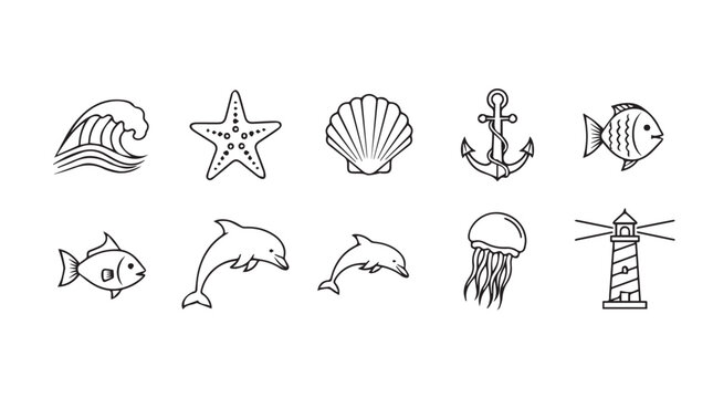 Whimsical hand drawn sketch collection of marine life and nautical elements in black and white vector