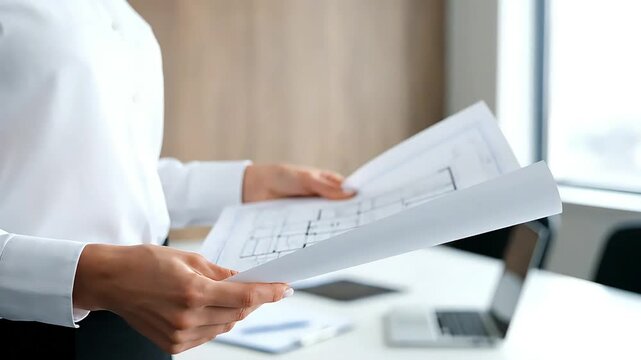 Architectural Designer Hands Reviewing Building Blueprints and Floor Plans in a Modern Office Professional inspecting engineering project documents