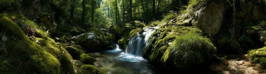 Hdr 360-degree panoramic scene of gentle waterfall in lush forest environment