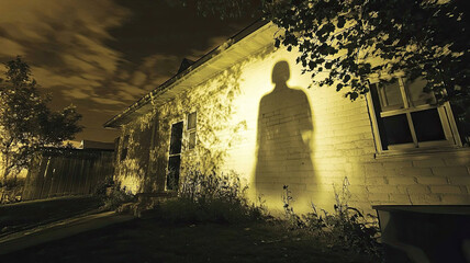 A shadow of a person is cast on a house wall at night. The scene is illuminated by a yellowish light, creating a mysterious atmosphere.