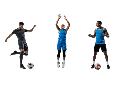 Athletes playing soccer and basketball isolated on transparent background