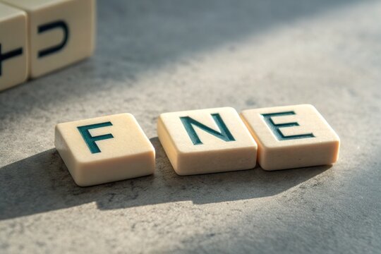 Close-up of Scrabble tiles spelling 'FNE' on a textured surface with soft shadows and natural light