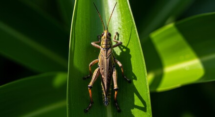 Fototapeta premium Close-up of green grasshopper on leaf, symbol of insects and nature, perfect for biology, entomology, and outdoor wildlife themes.