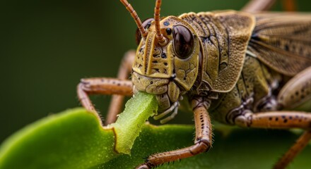 Fototapeta premium Close-up of green grasshopper on leaf, symbol of insects and nature, perfect for biology, entomology, and outdoor wildlife themes.