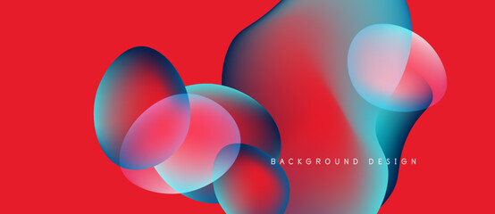 Abstract fluid shapes overlap, creating vibrant color gradients. Red background emphasizes blue, white, magenta forms. Modern design element.