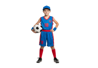 Young boy in blue soccer uniform holding a soccer ball isolated on transparent background