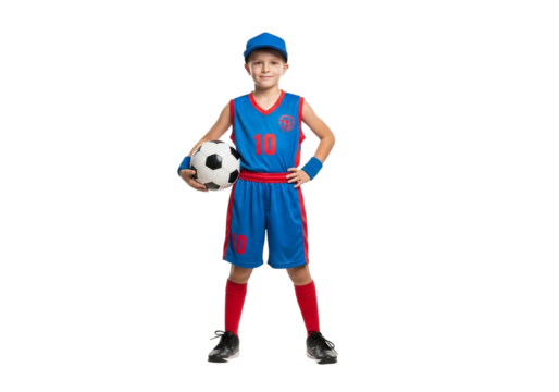 Young boy in blue soccer uniform holding a soccer ball isolated on transparent background