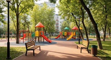 Colorful playground in a park, sunny day. Lush trees, vibrant play structures, and benches