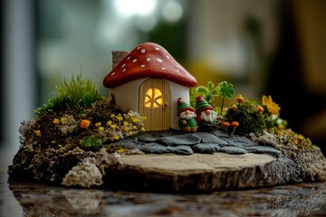 Enchanting miniature mushroom house with two gnomes, radiating warmth and inviting a touch of whimsical charm to your creative projects