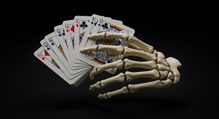 Skeleton hand holding playing cards