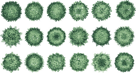 Top-Down Bush Vector Set Featuring Diverse Shrub Shapes and Foliage Patterns for Landscape, Garden, Architecture, and Environmental Design