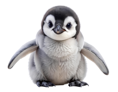 Cute Baby Penguin Chick with Fluffy Gray Feathers, Isolated Cutout PNG