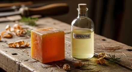 A cube of resin rests beside a turpentine bottle on a wood surface scattered with shavings and pine needles