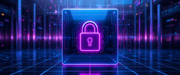 Cyber protection abstract with layered gradients of violet and electric blue, central luminous lock in glass, minimalist glowing dots network