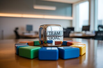 Silver cube with text TEAMGOAL in the center of a circle of colorful blocks in an office setting