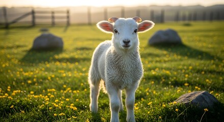 Fototapeta premium Adorable Lamb Standing in a Sunny Green Meadow at Sunset.