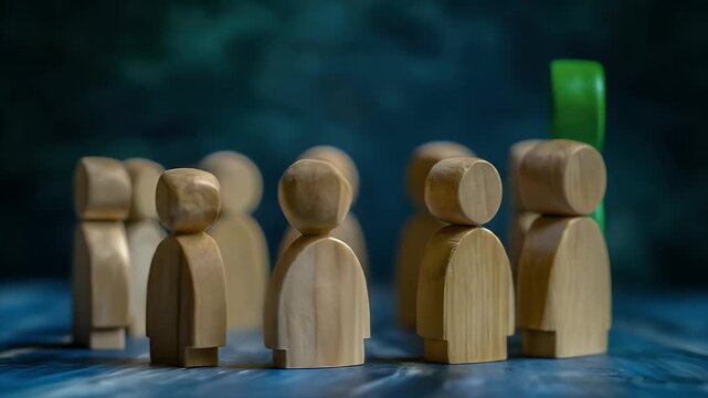 Wooden figures, a single green figure stands out among a group