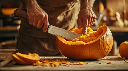 A middle-aged Caucasian man carves a pumpkin with a large knife. The pumpkin has a smiling face design. Pumpkin guts and seeds are scattered on the table.