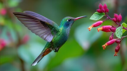 Fototapeta premium A vibrant hummingbird sips nectar from a flower in a lush tropical garden.