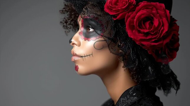 An elegantly adorned woman, her face painted with intricate skull designs, adorned with vibrant red roses. The focus is on her side profile.