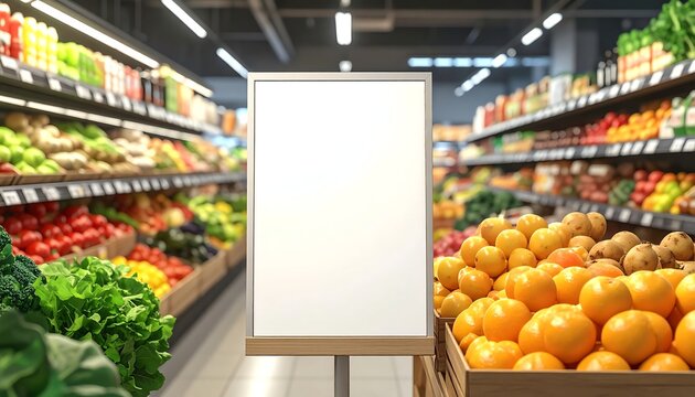 Fresh vegetables supermarket blank sign displayed above colorful produce section, ideal for custom promotional messages or pricing in grocery stores.