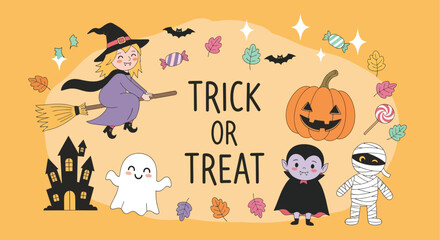 Halloween Trick or Treat Scene with Witch, Pumpkin, and Spooky Characters