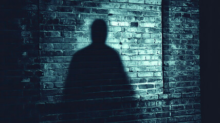 A dark shadow is cast on a textured brick wall. The scene conveys a sense of mystery and intrigue, with dim lighting enhancing the atmosphere.