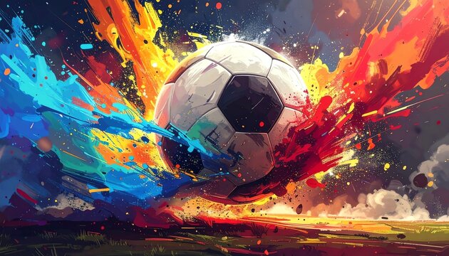Vibrant soccer ball color explosion creates dynamic energy, blending sports passion with vivid abstract paint splashes and energetic artistic motion.