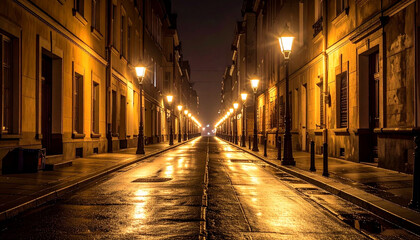 Lonely Empty Street Illuminated by Street Lamps, Urban Night Photography
