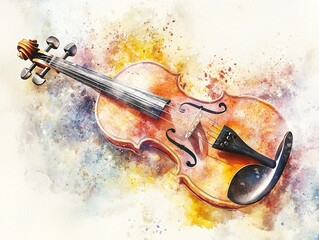 Fototapeta premium Artistic watercolor illustration of a classic wooden violin with vibrant paint splatters and abstract textures