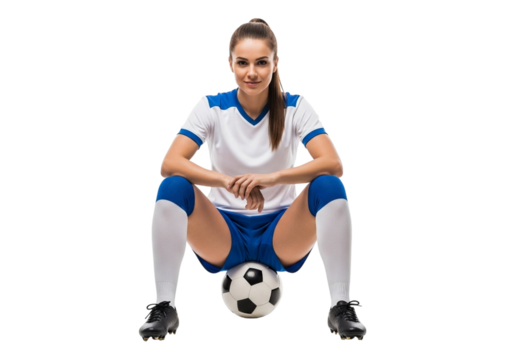 Female soccer player sitting with ball isolated on transparent background
