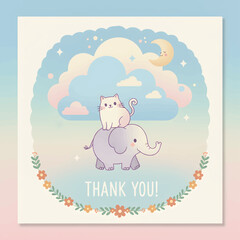 Whimsical vector card with smiling elephant and cat under dreamy moon and stars. “Thank You!” message with floral border. Perfect for nursery, teachers, or kids’ gifts.