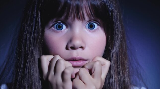 A kid with blue eyes covers her mouth in fear. A scared little girl is afraid of something unexplained and supernatural