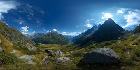 Hdr 360-degree panoramic view of majestic mountain valley in nature's serenity