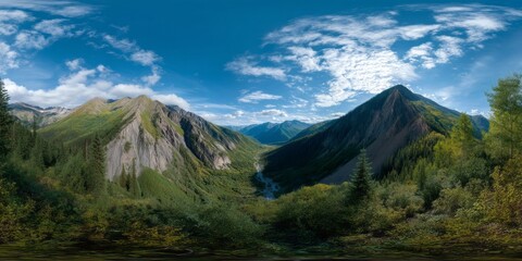 Stunning hdr panoramic view of mountain valley landscape nature scene 360-degree perspective