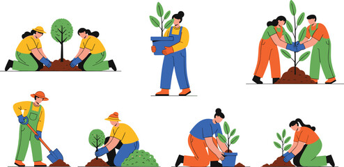 Tree planting and gardening teamwork illustration with people, nature care, potted plants, soil work, environmental activity, and outdoor lifestyle concept.