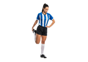 Female soccer player stretching her leg isolated on transparent background