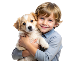Little Boy Embracing Cute Puppy with Affection, Transparent Background