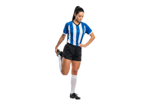 Female soccer player stretching her leg isolated on transparent background