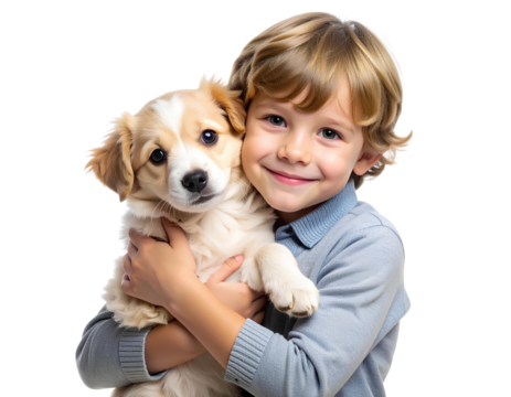 Little Boy Embracing Cute Puppy with Affection, Transparent Background
