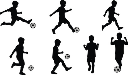 Silhouettes of Young Boys Playing Soccer, Football Action Poses, Kicking Ball, Dribbling, Celebrating Victory, Sport Vector Graphics, Black and White.