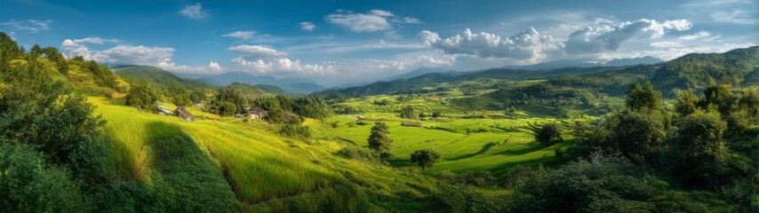 Obraz premium Hdr panoramic view of peaceful rice fields in nature 360-degree landscape environment